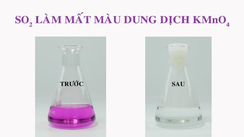 Sự đổi màu của dung dịch KMnO4 khi phản ứng với SO2, từ tím sang không màu hoặc nâu