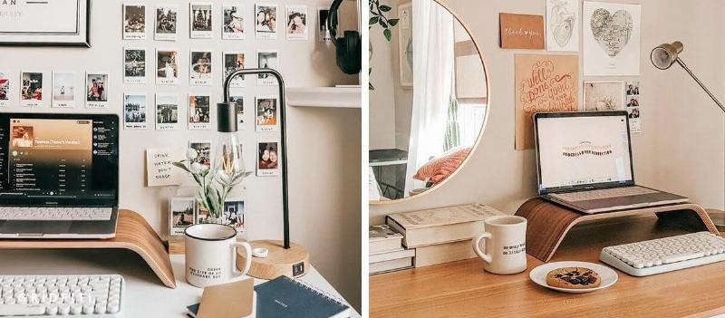 Một bàn học gọn gàng với sách vở được sắp xếp ngăn nắp, máy tính, đèn học, và một vài vật dụng trang trí nhỏ, tạo môi trường lý tưởng để học tập như "unit 13 lớp 12 language focus".